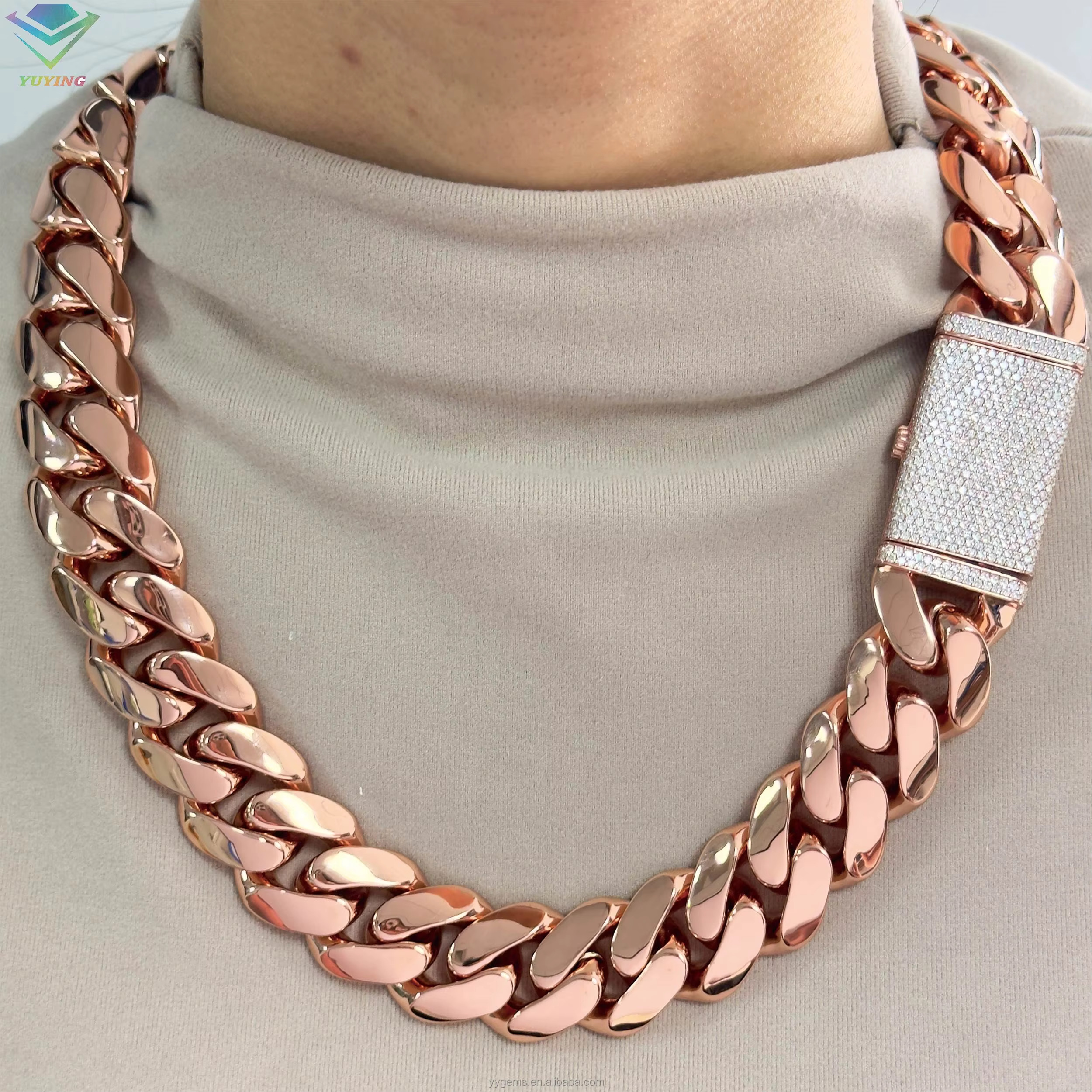 Custom Heavy Chain Moissanite Lock Rose Gold Plated 22MM Miami Cuban Link Chain Solid Silver Men Chain Necklace Rapper Jewelry