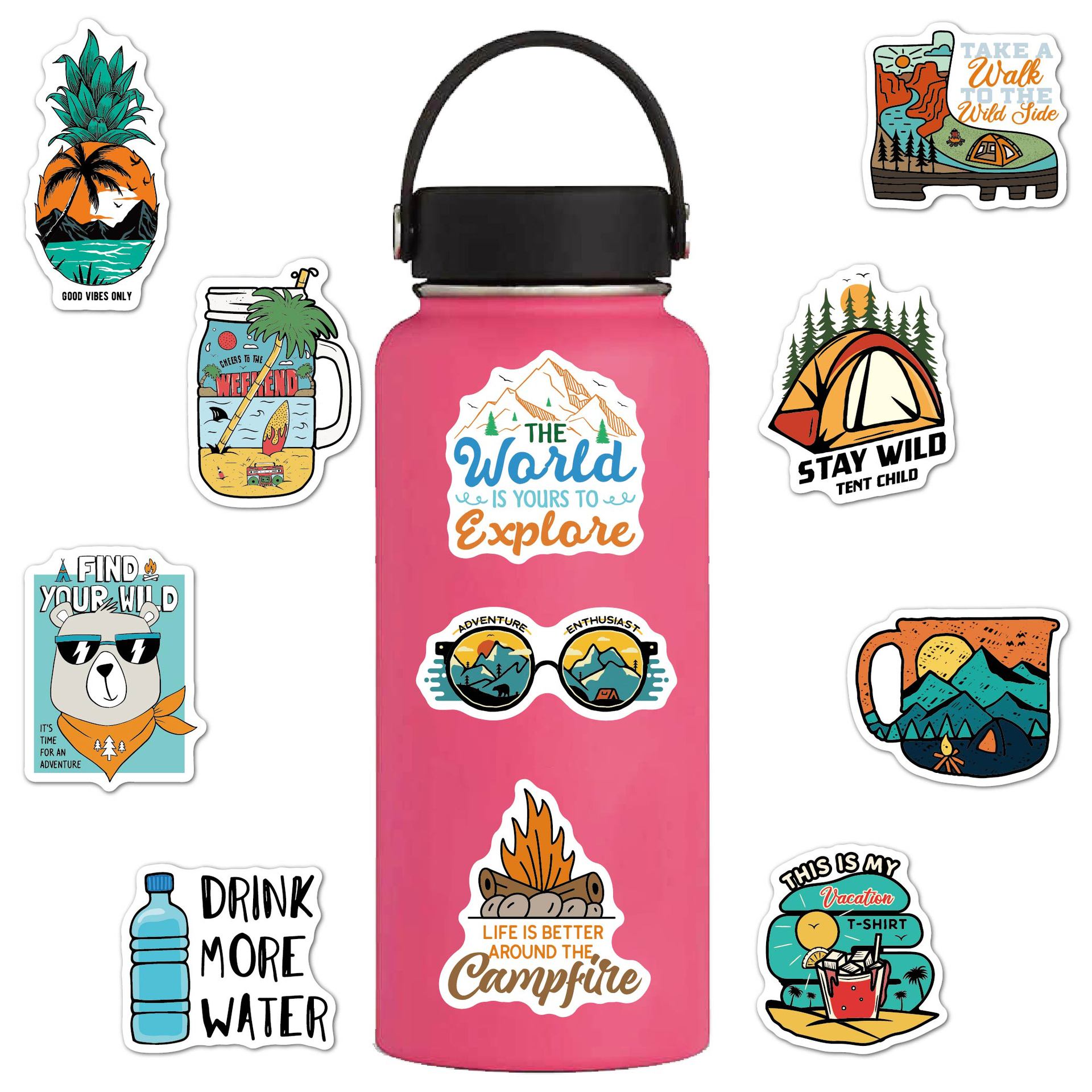 100pcs/lot Waterproof Outdoor Camping Stickers Adventure Hiking Travel Camp Life Decales for Car Suitcase Car Laptop Skateboard Motor Water Bottle Sti