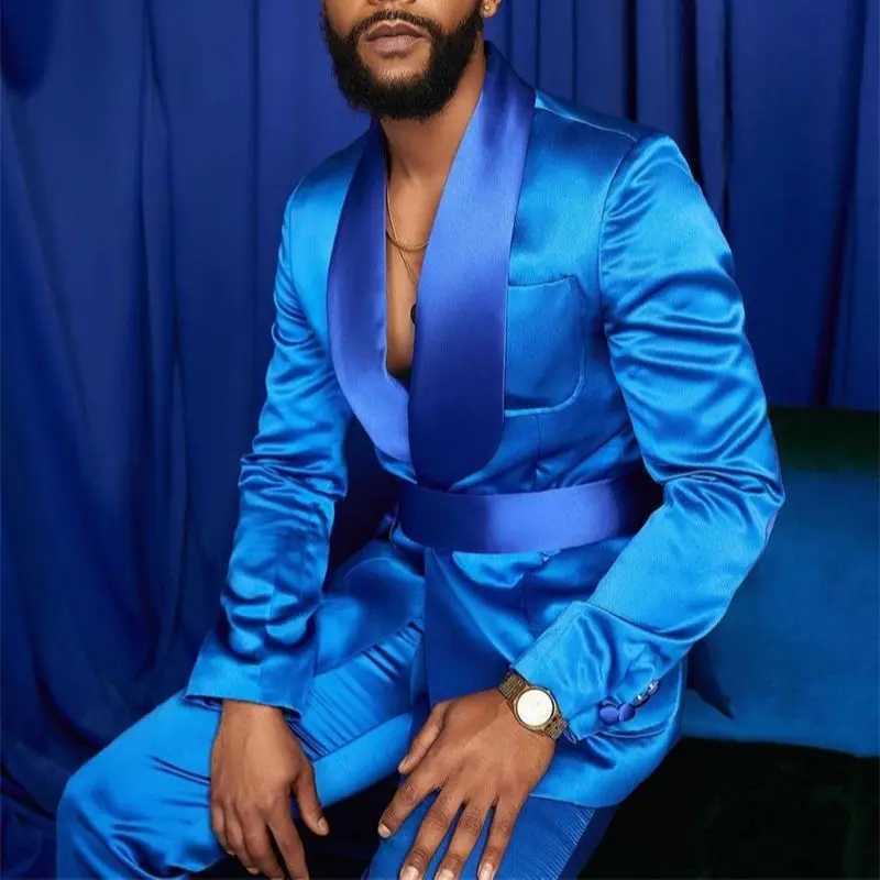 New Fashion Italian Silver Men Suits Satin Slim Fit Royal Blue Shiny Groom Prom Wedding Tuxedo Tailored Blazer Set Costume Homme W250310