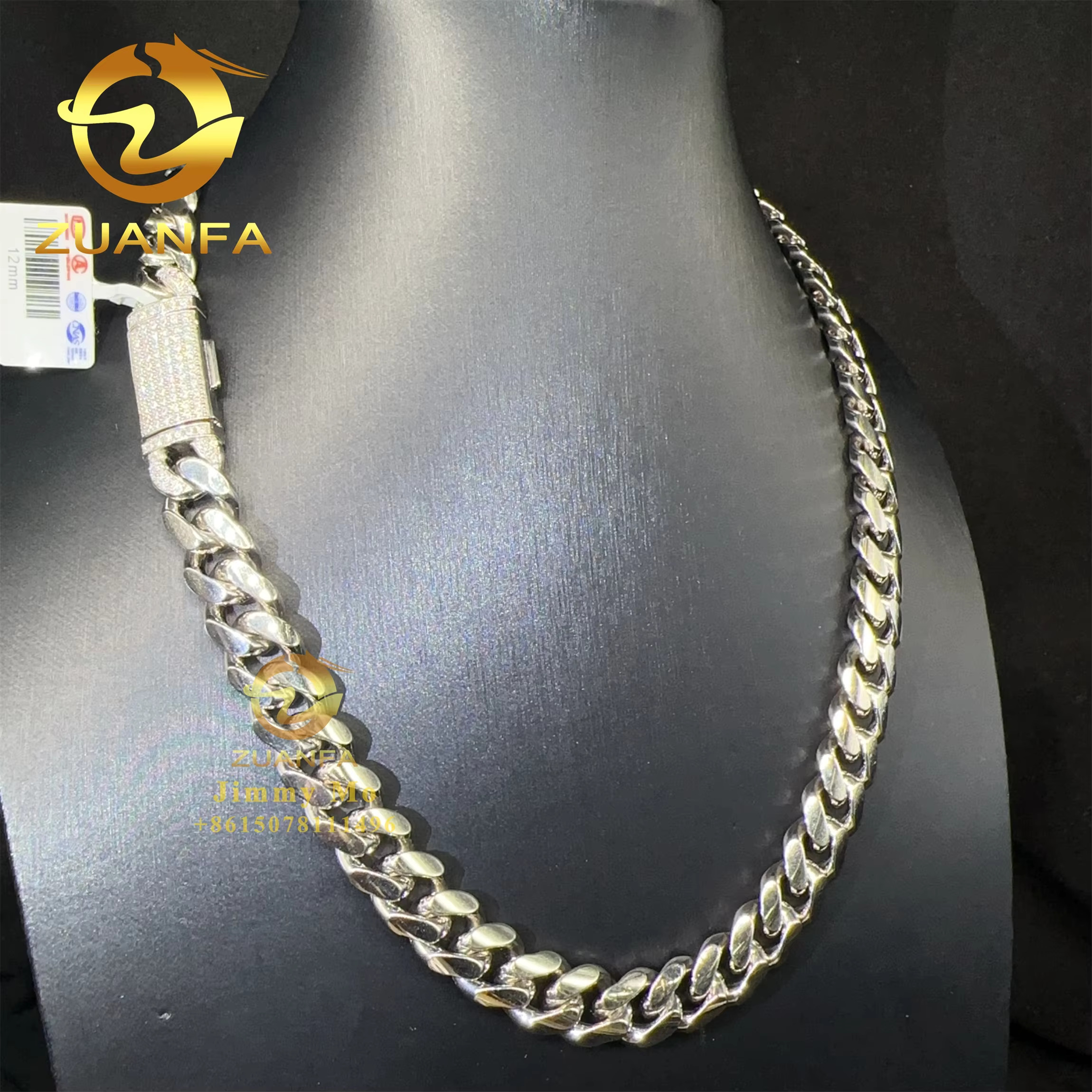 Custom Personal Man Hip Hop Jewelry 925 Sterling Silver 12mm Iced Out VVS1 Moissanite Diamond Clasp Miami Cuban Plain Chain