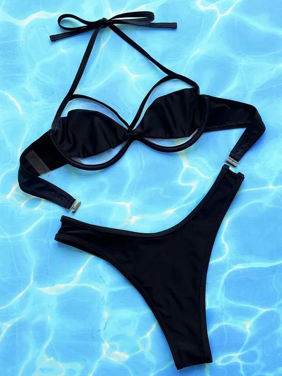 Halter Mesh Sheer Underwired V-Bar Bikini Women Swimwear Female Swimsuit Two-pieces Bikini Set High Cut Bathing Suit Swim LadyT250310