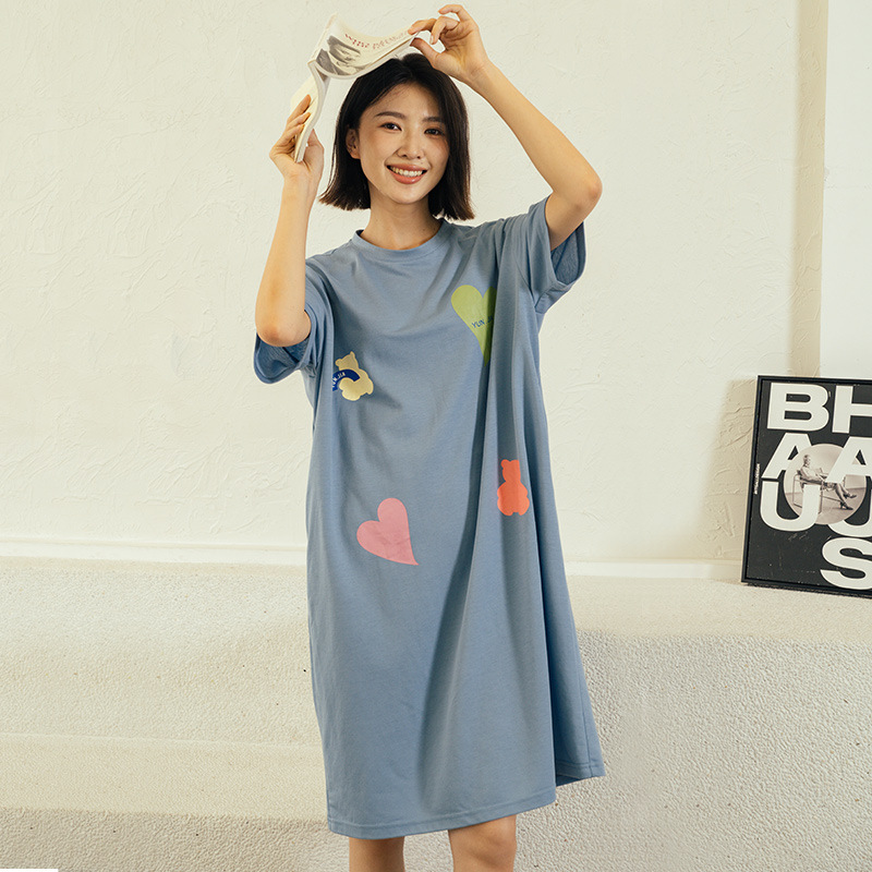 B763-Home wear one-piece nightdress for women, round neck, thin and casual summer middle-aged mother pure cotton dress