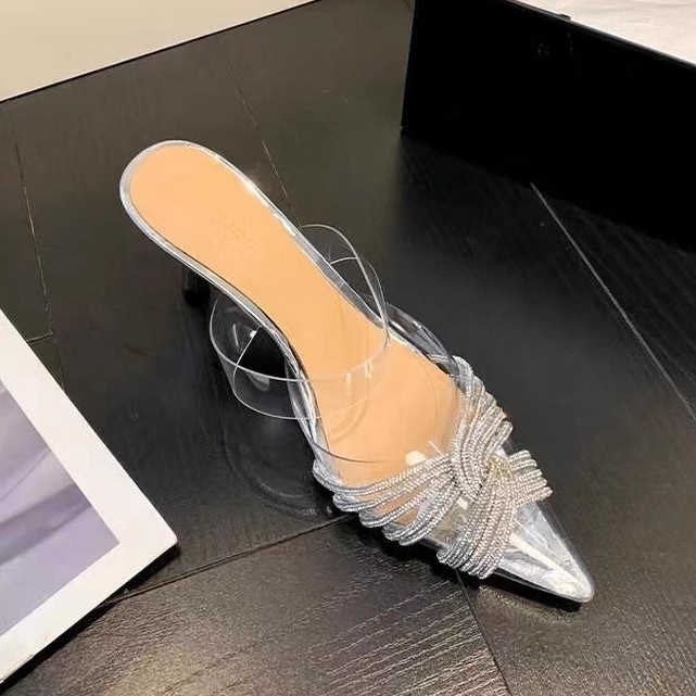 PVC transparent sandals pointed toe cross rhinestone high heels new style for spring and summer 2025 backless shallow opening sweet banquet wedding sh