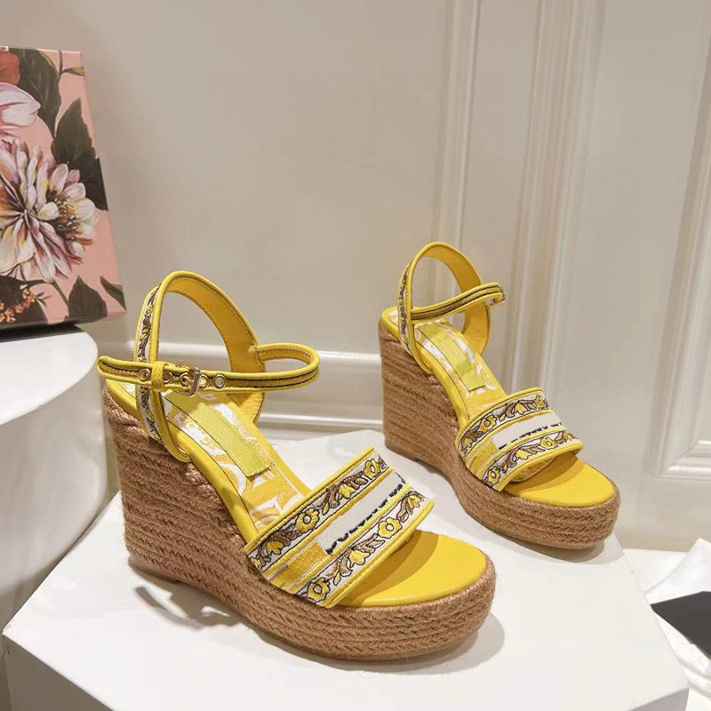 Yellow Flower Straw Sandals Pumps Famous Designer Women High Platform Heels Canvas Espadrille Summer Beach Sandal Lace-Up 35-41