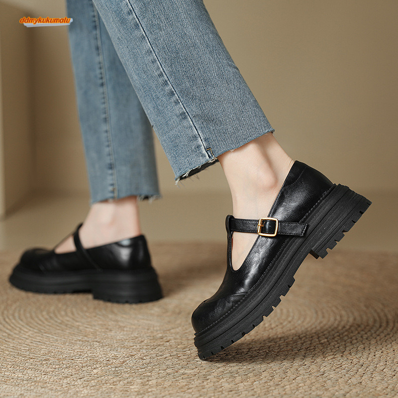 2025 Spring/Summer Thick soled British style Small Leather Round Head Mary Jane Hepburn Style T-shaped Strap Single Shoes for Women ddmykukumalu