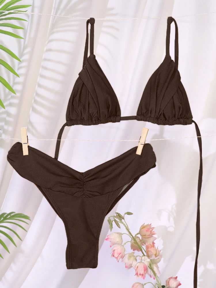 Sexy Folds Bikini Set Solid Micro Bikinis Women Swimsuit Female Triangle Swimwear Beach Wear Bathing SuitT250602