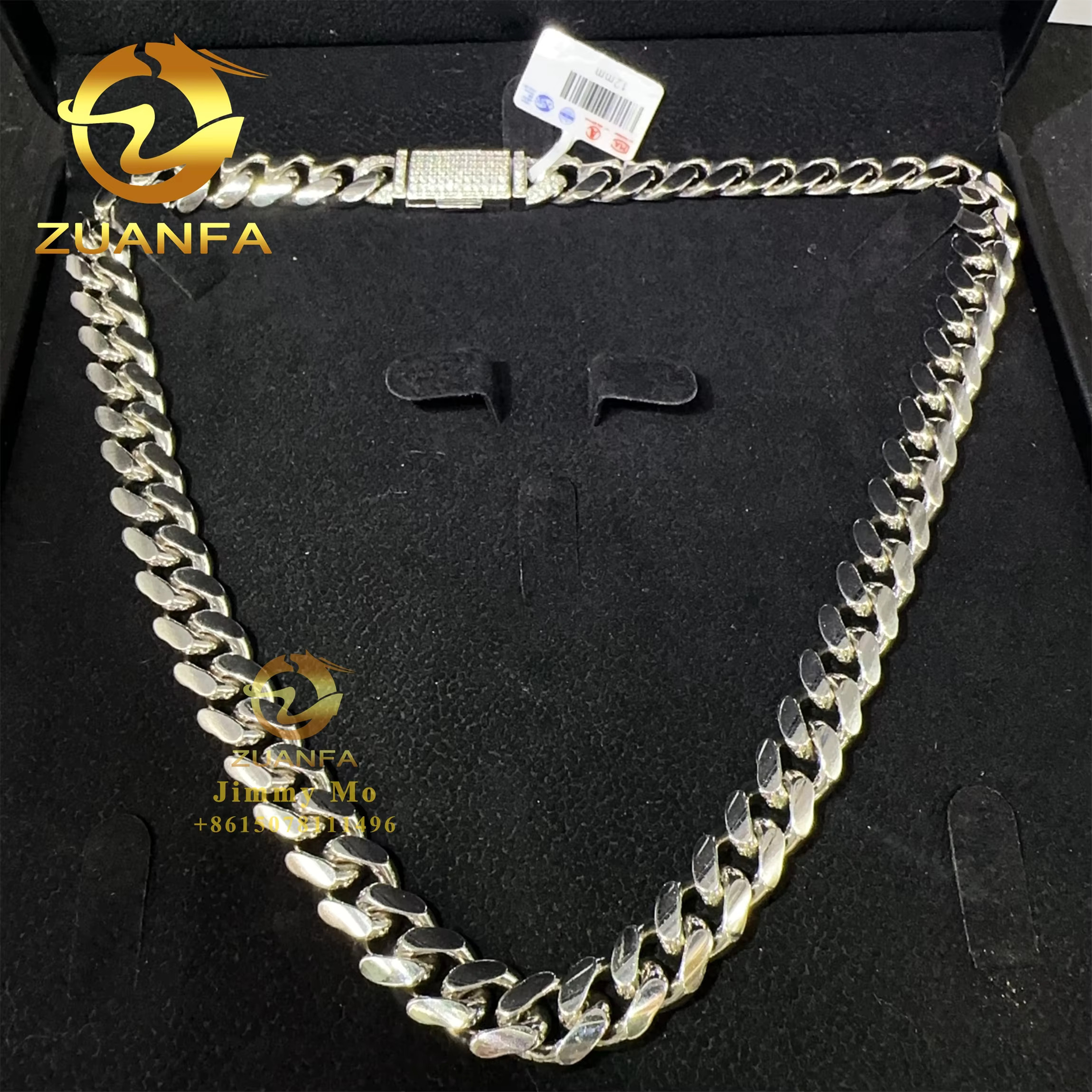 Custom Personal Man Hip Hop Jewelry 925 Sterling Silver 12mm Iced Out VVS1 Moissanite Diamond Clasp Miami Cuban Plain Chain