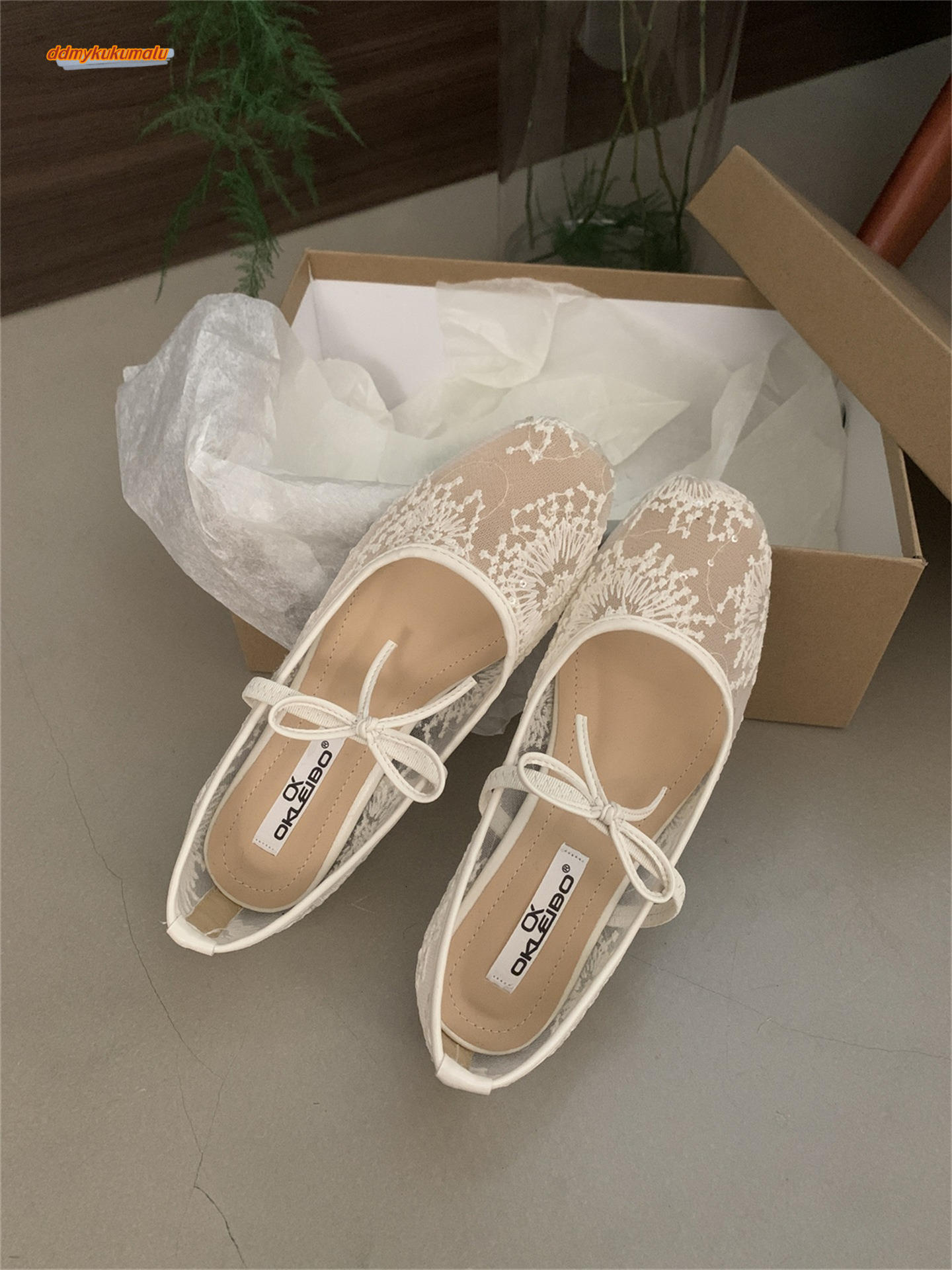 Gentle evening breeze bow ballet for women 2025 new fairy hollow mesh lace embroidered shoes single shoe ddmykukumalu