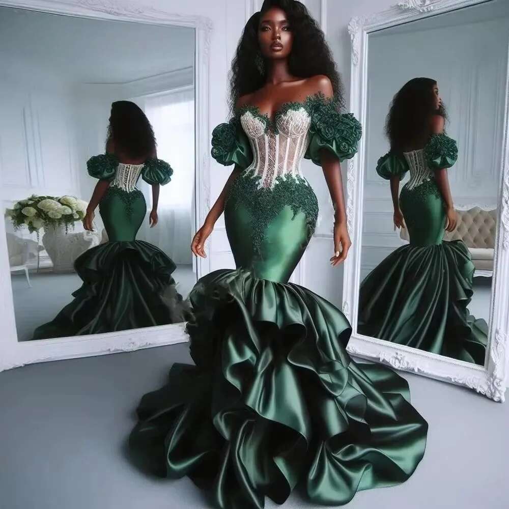 Eent Dark Green Aso Ebi Prom Off The Shoulder Lace Applique Ruched Mermaid African Party Dress Lace-Up Customized 6660310
