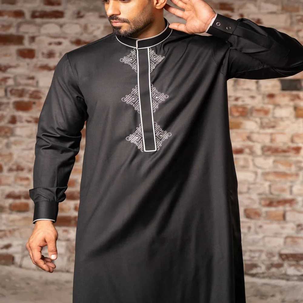 2024 New Mens Muslim Juba Thobe Ramadan Eid Long Sleeve Embroidered Ethnic Style Arab Islamic Robe W250310