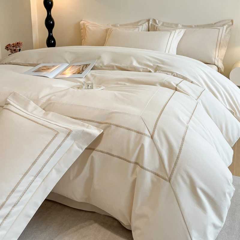 Luxury Embroidery Solid Color Hotel Style Bedding Set 100% Cotton Brushed Duvet Cover Set Bed Sheet Fitted Sheet case 4PcsC250310