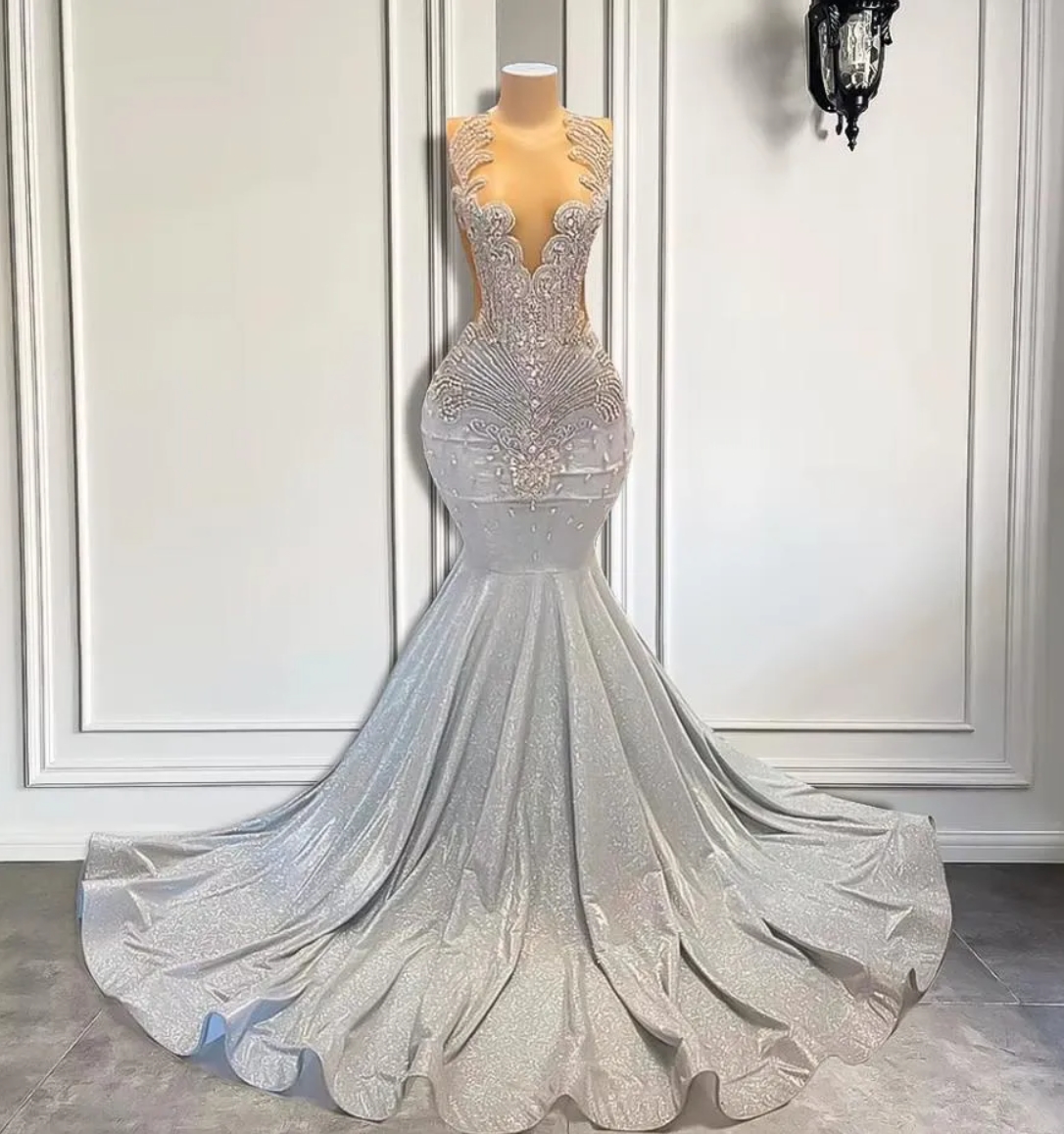 Silver Long Mermaid Prom Dresses 2025 Sexy Sheer Mesh Luxury Sparkly Handmade Diamond Beaded Black Girl Formal Gala Evening Gowns BC18397 GG0310