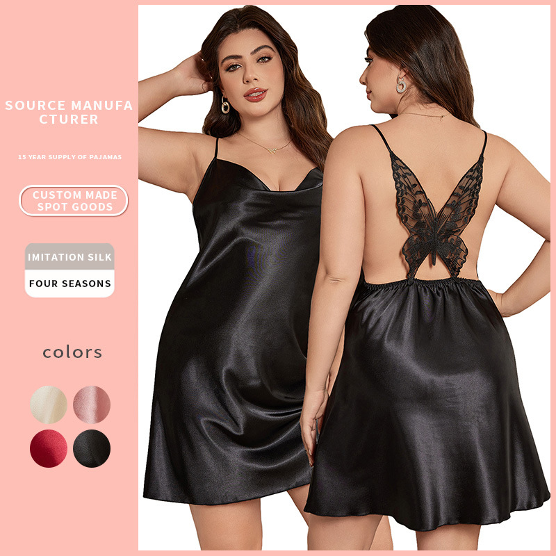 Danilin large size ladies imitation silk slip dress simple home wear ice silk silk pajamas sexy fashion pajamas