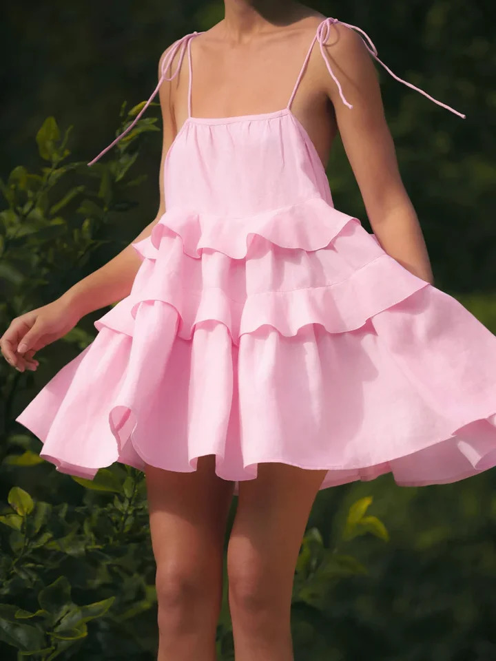 Pink Short Dress Woman Cotton Layered Loose Beach Sundress Summer Strap Sleeveless Ruffle Babydoll Dresses White 250306