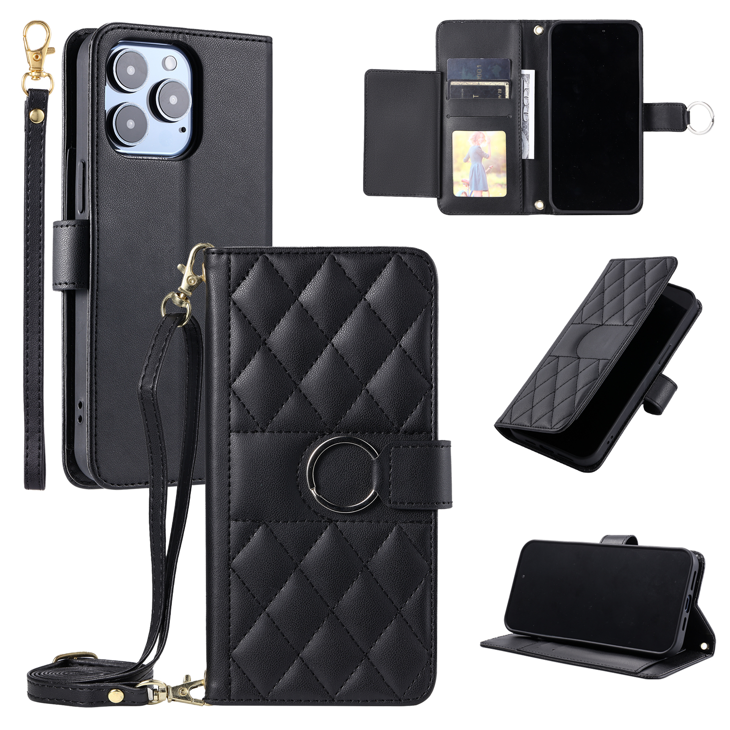 Luxury Ring Buckle Flip Leather Crossbody Lanyard Strap Wallet Case For For iPhone 16E 16 15 14 13 12 11 Pro Max Samsung S25 Edge Ultra S24 FE S23 A06