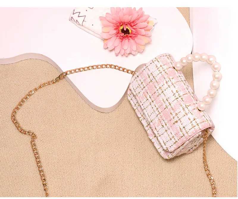 Childrens Bag 2024 Spring/Summer New Girls Crossbody Bag Princess Personality Pearl Tote Cotton and Linen Fashion Shoulder BaT250310