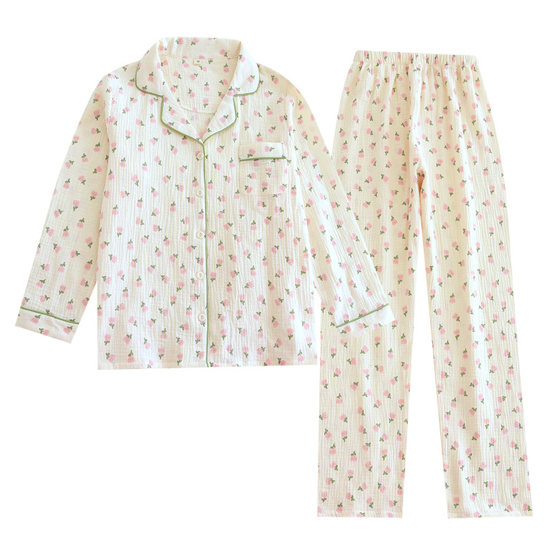 X151-Long-sleeved pajamas for women in spring and autumn, crepe home floral lapel double-layer gauze pajamas set