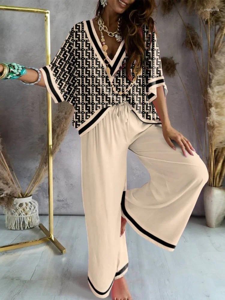 Womens Two Piece Pants Freeacy Summer Casual Suit Deep V-neck Half Sleeve Printed Shirt Top And High Waist Wide Leg Thin Outfits