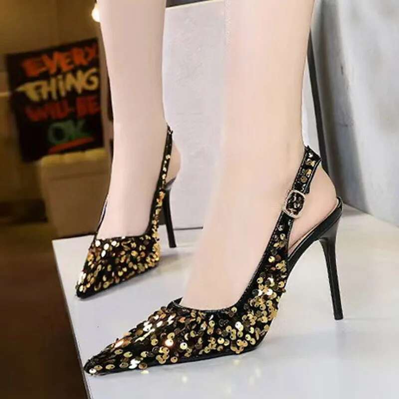 Fashion Gold Sequined Ankle Strap Women Pumps Elegant Pointed Toe Sgbacks Stiletto High Heels Wedding Prom Shoe Size 43