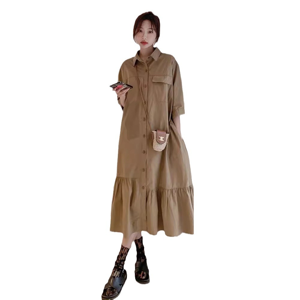 X8110 Large size khaki dress for women summer casual retro shirt dress