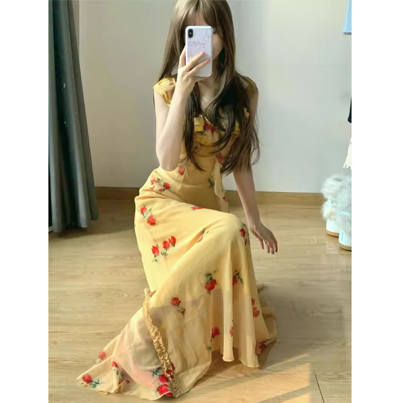 Casual Dresses Elegant Women Floral Print Sleeveless Strap Long Dress Summer Ruffles Split Party Dress for Club Streetwear 230505