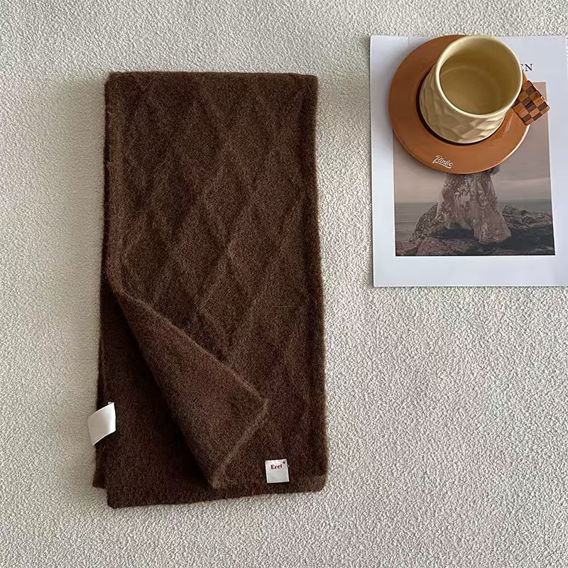 K098 Retro diamond double-sided warm knitted scarf Korean style solid color with wool versatile soft neck scarf for couples