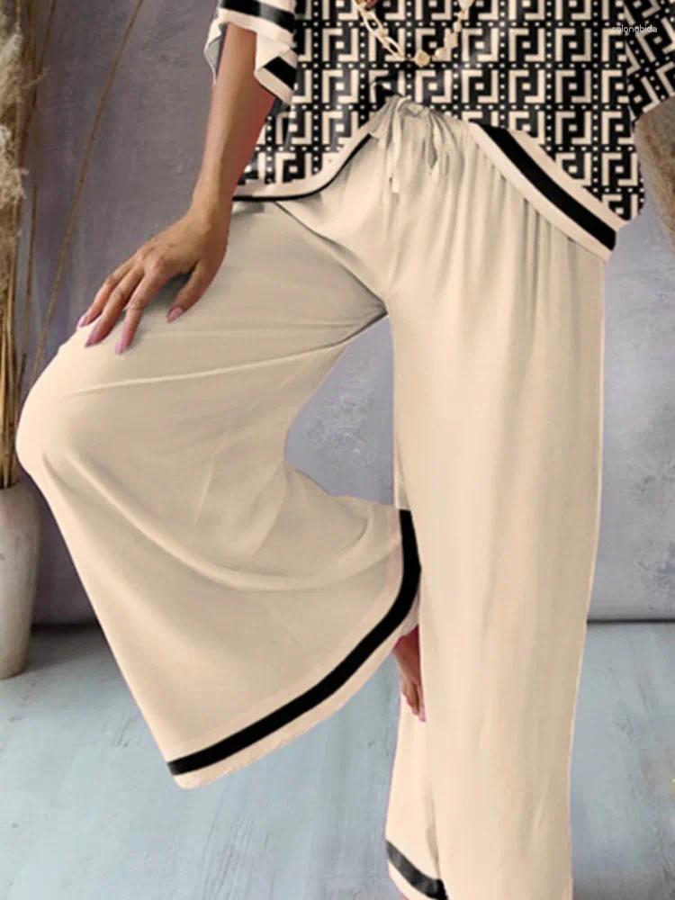 Women's Two Piece Pants Freeacy Summer Casual Suit Deep V-neck Half Sleeve Printed Shirt Top And High Waist Wide Leg Thin Outfits