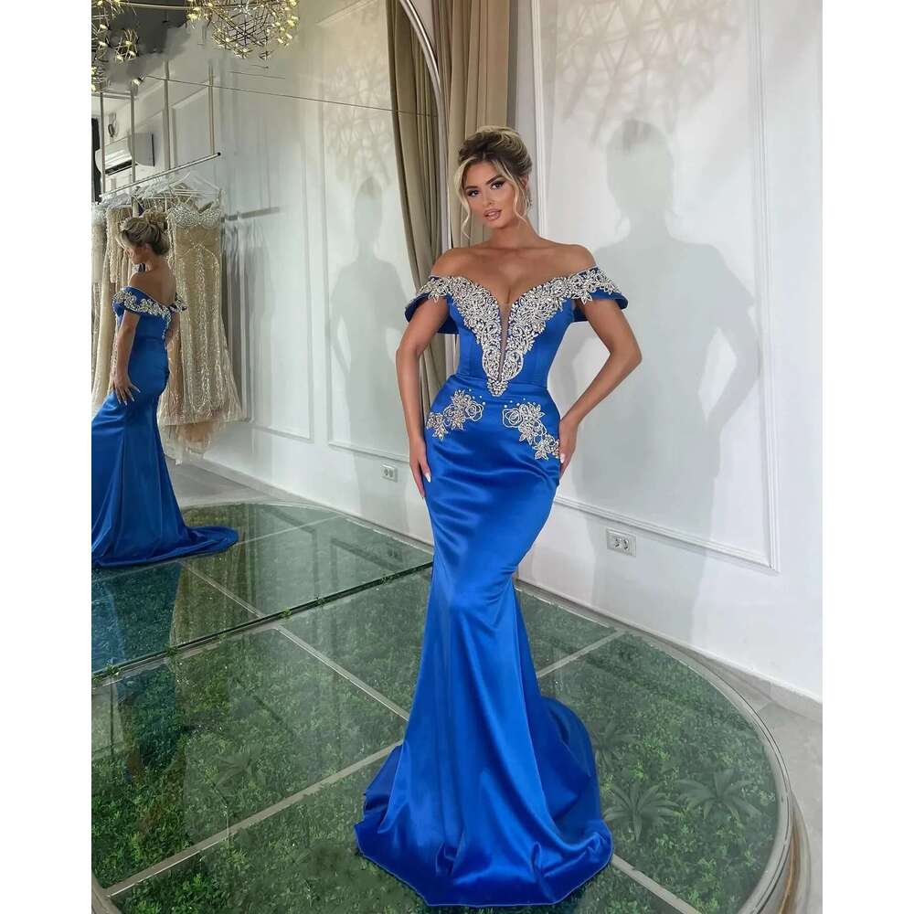 Simple Prom Dresses Crystal Beading Evening Gowns Off Shoulder Slim Mermaid Party Short Sleeve Backless Custom Made Vestidos De 6660310