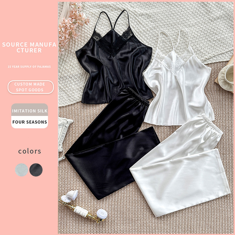 Simple Style Women's Ice Silk Pajama Outfit - Easy Care, Cozy Two-Piece Bedtime Attire for Relaxation