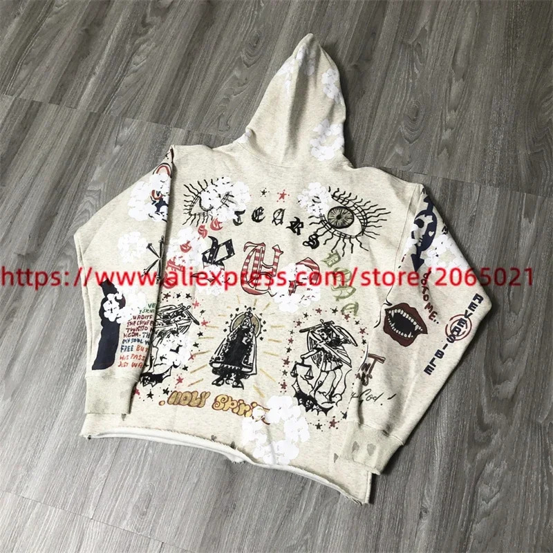SAINT Graffiti Retro Printed Vintage Clothing Streetwear Loose Pullover Tops Hoodies For Men 250310