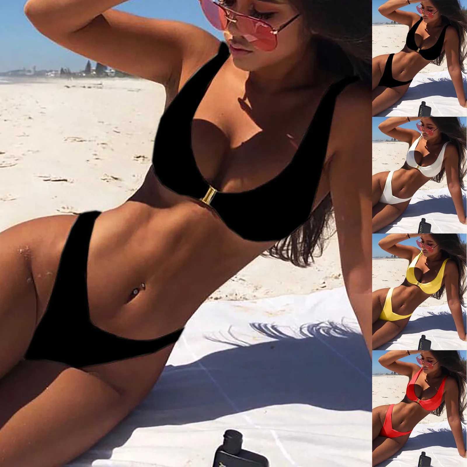 WomenS Sexy Fashion Solid Color High Waist Gold Lock Bikini Swimsuit Woman Swimsuits Two Parts Set WomenS SwimsuitT250310