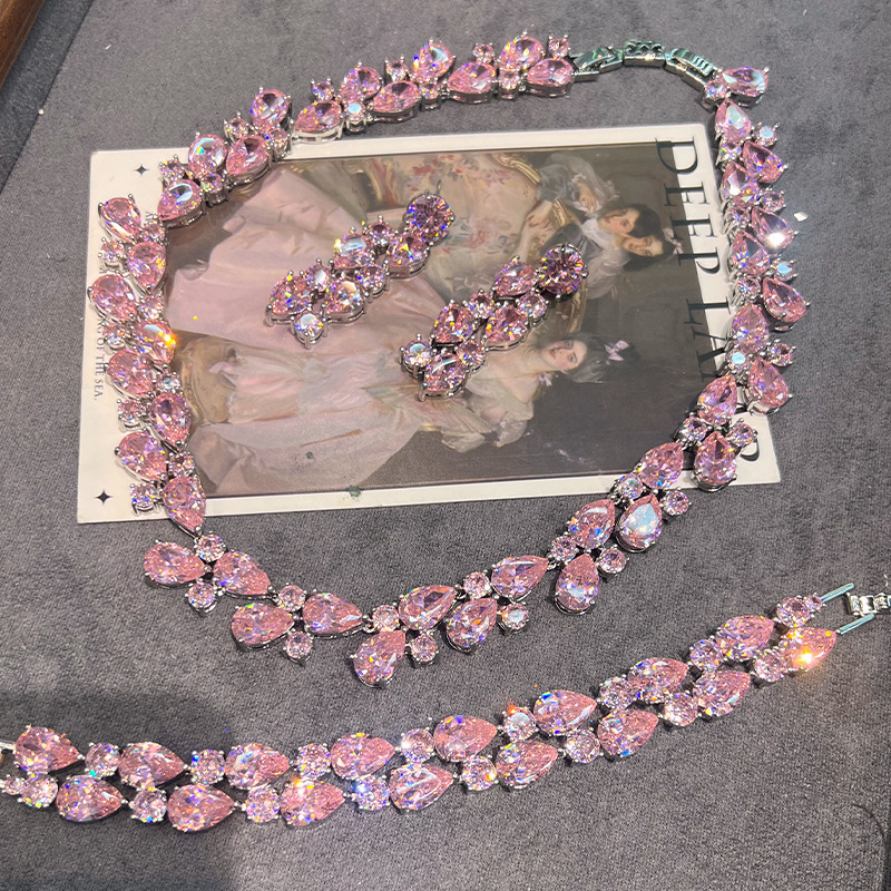 High carbon precision pink mixed color zircon heavy industry flower high-end fashion exquisite necklace jewelry set