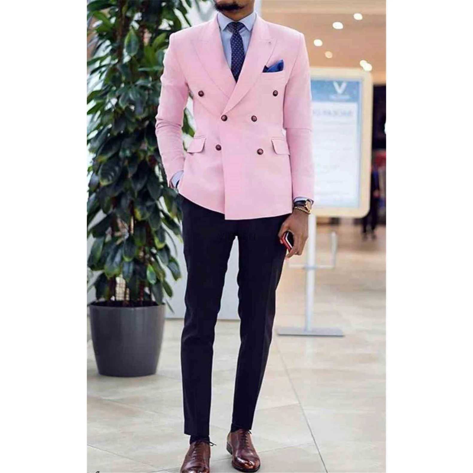 Pink Mens Set Peaked Collar Double Chest Ball Set Ultra Thin Fit Mens Tailcoat Groom Wedding Set Best Mens 2-piece Set W250310
