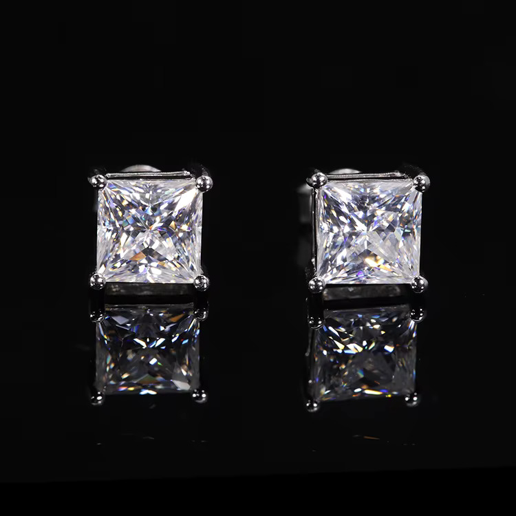 Fashion RTS Square Moissanite Earrings Jewelry 925 Silver Gold Plated Princess Cut Men Women Ring VVS Moissanite Stud Earrings