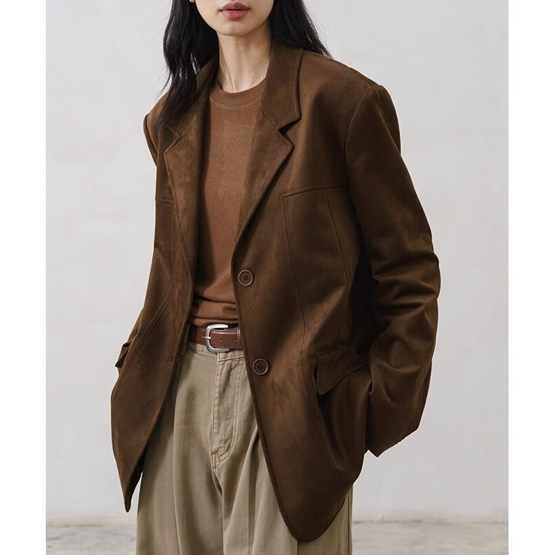 T39Classic American Retro Casual Suit Jacket in Rich Dark Brown Suede for Men