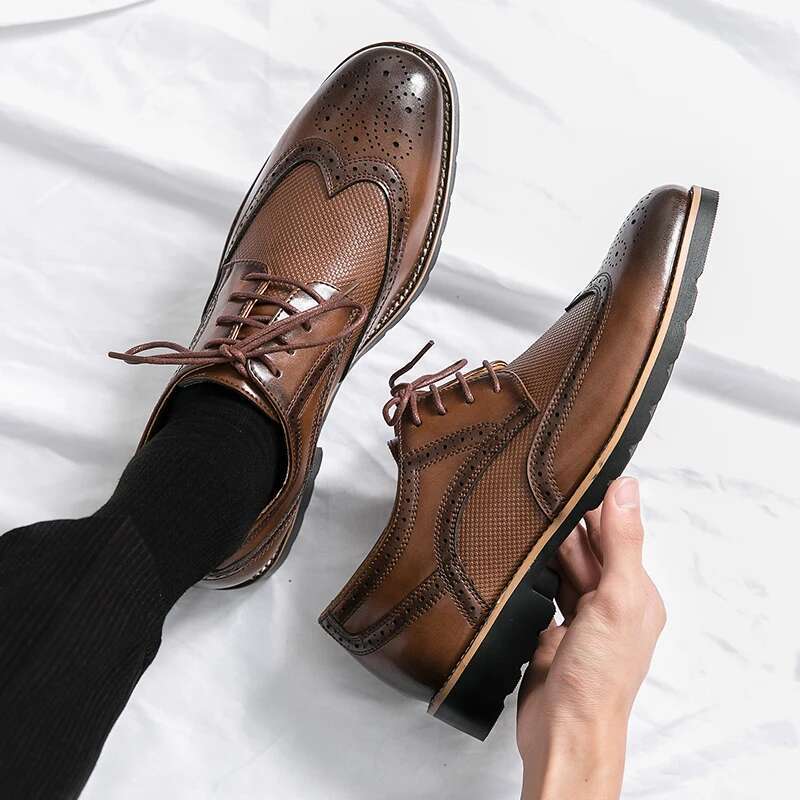 Handmade Mens Wingtip Oxford Grey Leather Brogue Men's Dress Classic Business Formal Shoes For Men Atillas Hombre
