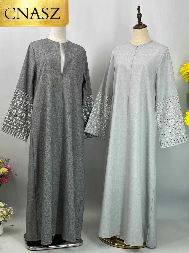 New Linen slim Abaya Sve Embroidery Clothing Dubai Turkish Spring summer Daily Fe Dress Moroccan Ktan Women RamadanXJ250310