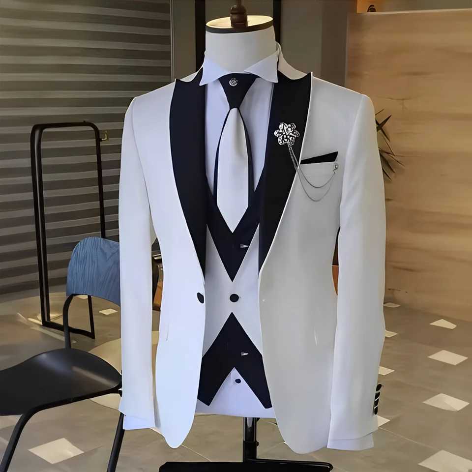 Clothing White mens clothing black top wedding evening gown Terno Masculino Prom Groom 3 pieces ultra-thin suitable for mens jacket set W250310