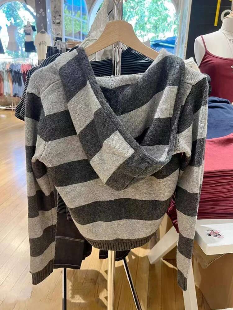 Striped Knitted Zip-up Hooded Cardigan Women Y2k Streetwear Cotton Long Sleeve Cropped Sweater Haruku Vintage Slim Tops Coat