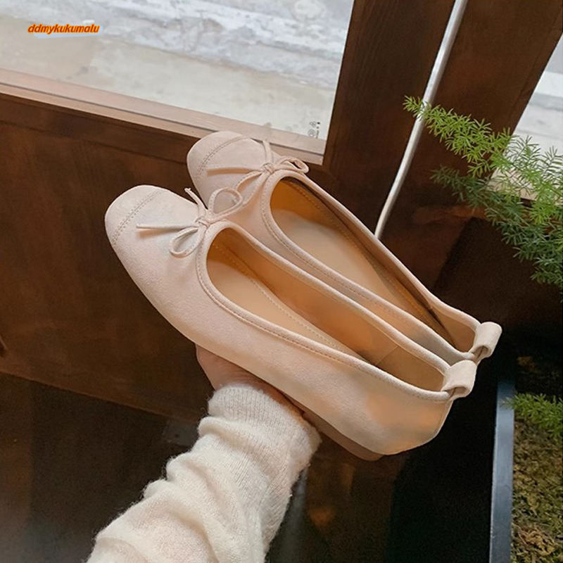 Grape Mom Ballet Style Bow Square Round Head Soft Suede Shallow Mouth Single Shoes Women Mary Jane Four Seasons Red Flat Bottom ddmykukumalu