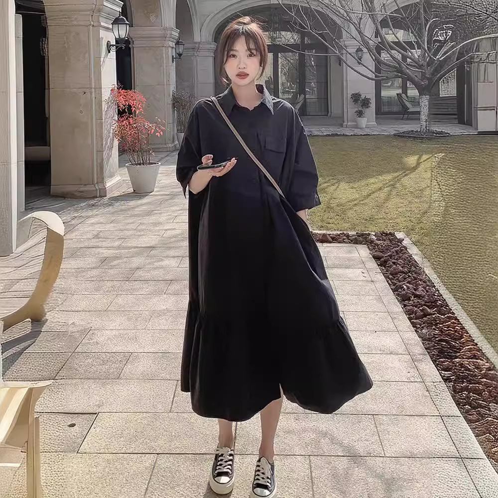 X8110 Large size khaki dress for women summer casual retro shirt dress