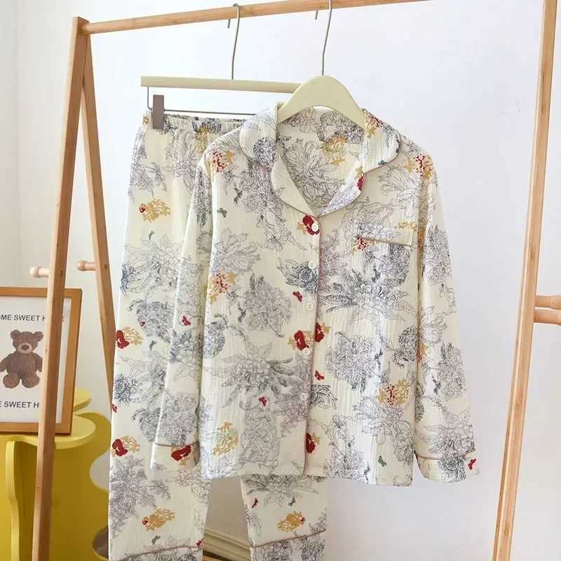 100% Cotton Gauze Women Pajamas Sleepwear Female 2 Piece Set Ink Painting Printing Nightwear Pyjamas Home Clothes LoungewearC250310