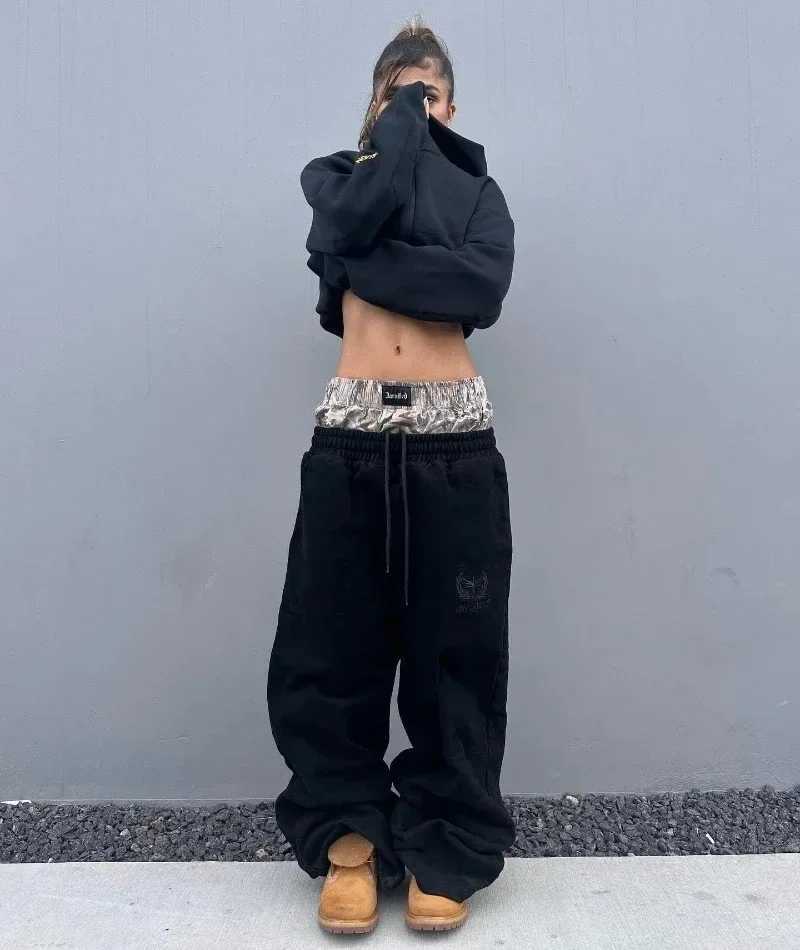 Y2K Retro Pants Harajuku Double Embroidered Waist Sports Pants Womens Hip Hop Casual High Waist Wide Leg PantsT250319