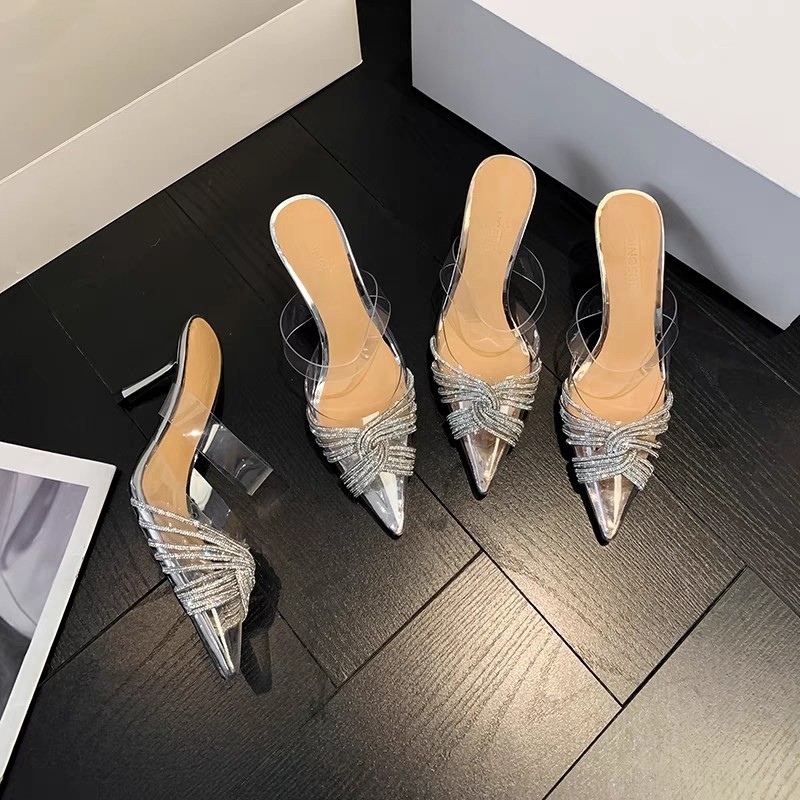 PVC transparent sandals pointed toe cross rhinestone high heels new style for spring and summer 2025 backless shallow opening sweet banquet wedding sh