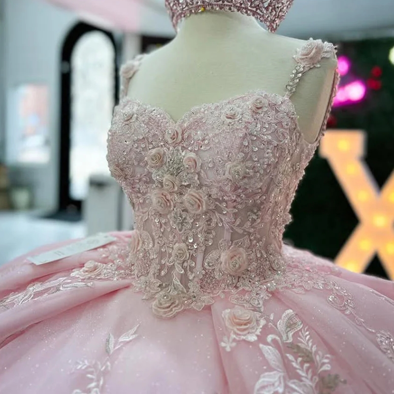 Pink Quinceanera Dresses Ball Gown Appliqued Flower Beads Party Birthday Sweet 16 Dress Vestidos De 15 Quinceanera Anos