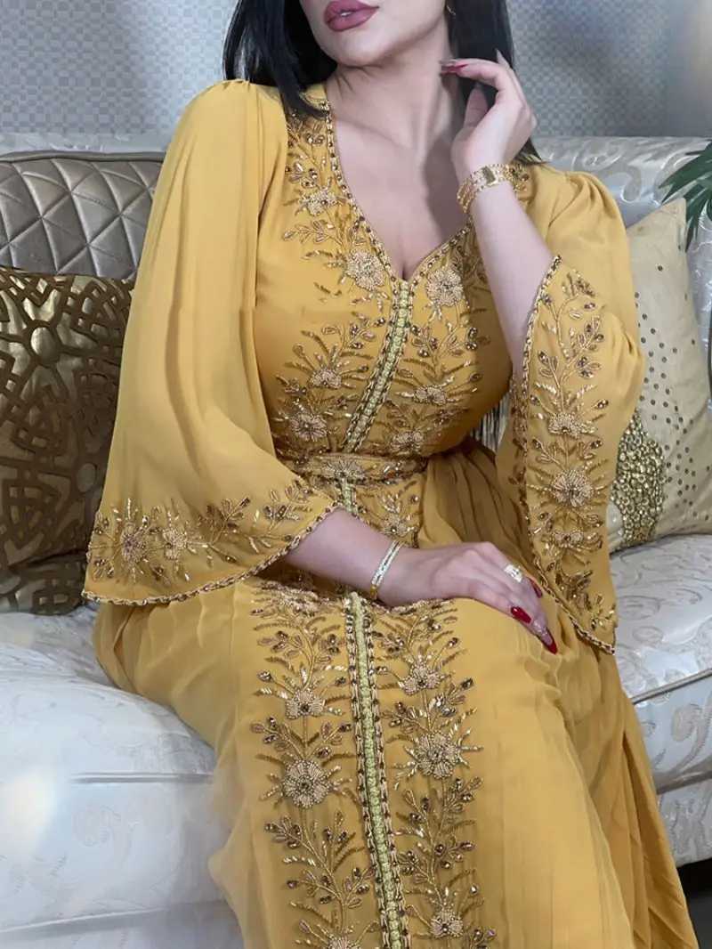 Evening Party Dress Women Eid Morocco slim Abaya for Women Islamic Embroidery Dresses Belt Ktan Vestidos Maxi Abayas W250310