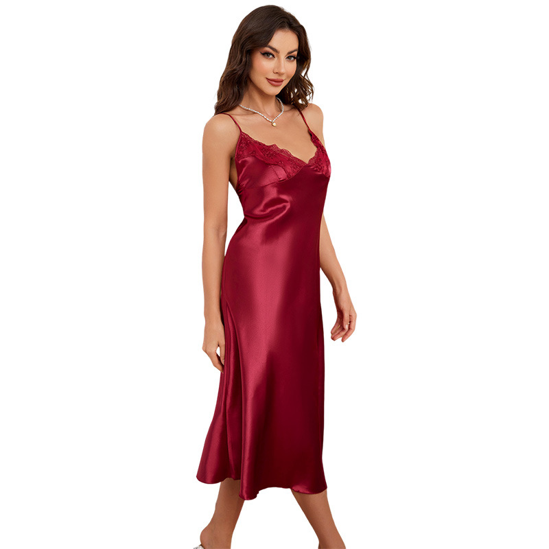 Elegant Female Ice Silk Sleepwear Set - Sleek European Design with Attached Sleeping Skirt