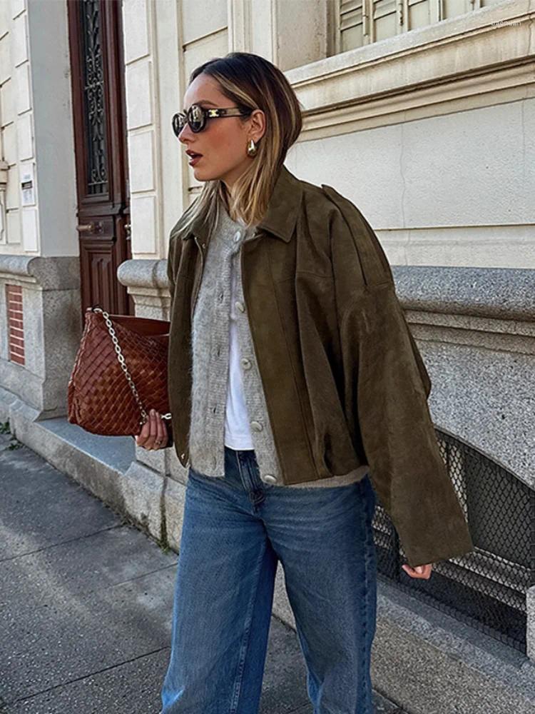 Women's Jackets 2025 Spring Suede Jacket Women Zipper Casual Turn-dwon Collar Oversized Long Sleeve Coat Female Green Street Lady Outwear