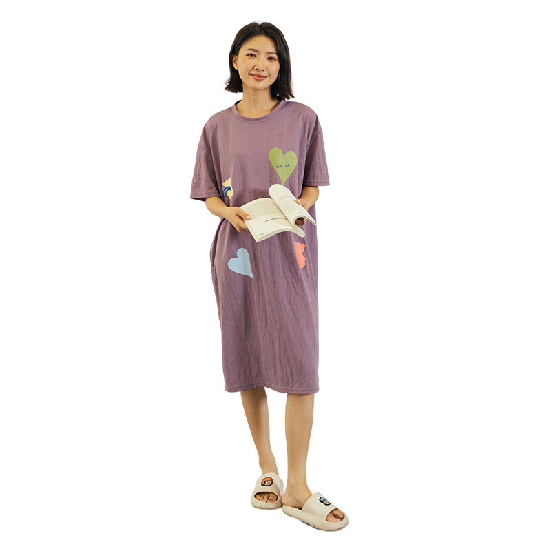 B763-Home wear one-piece nightdress for women, round neck, thin and casual summer middle-aged mother pure cotton dress
