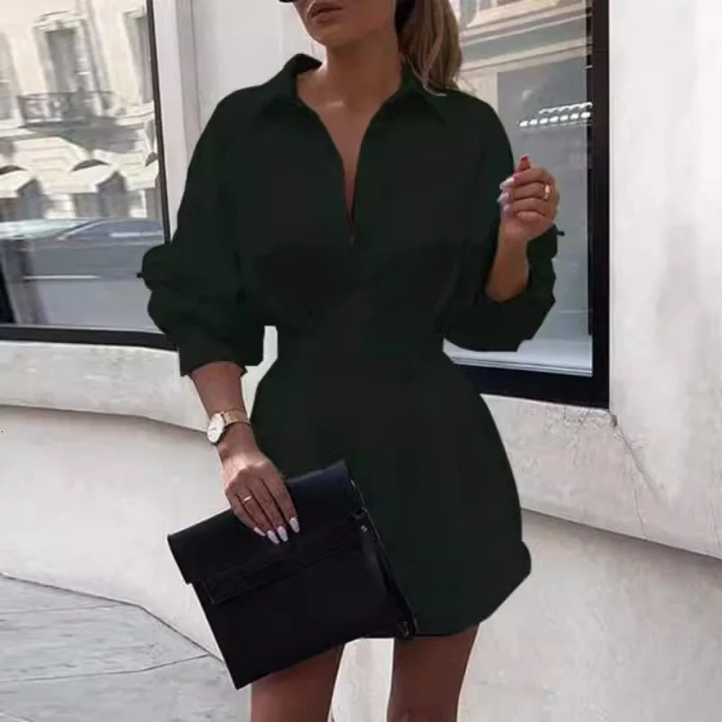 Dress Women Summer pure color lady turn down collar shirt waist button decoration mini Dresses Casual Dresses 250306